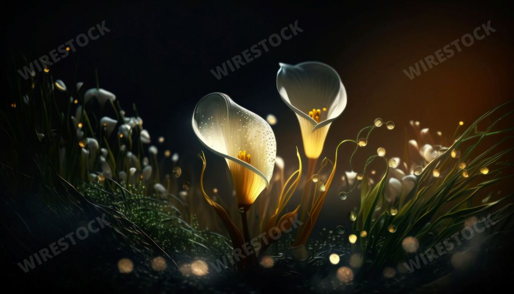 An AI generated illustration of cosmic white Calla flowers with water illuminated in the dark