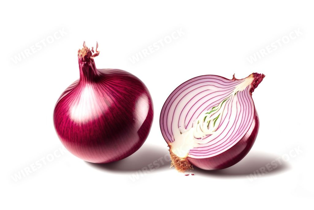 A close-up image of a freshly-cut yellow onion next to an intact yellow onion, both lying on a white background