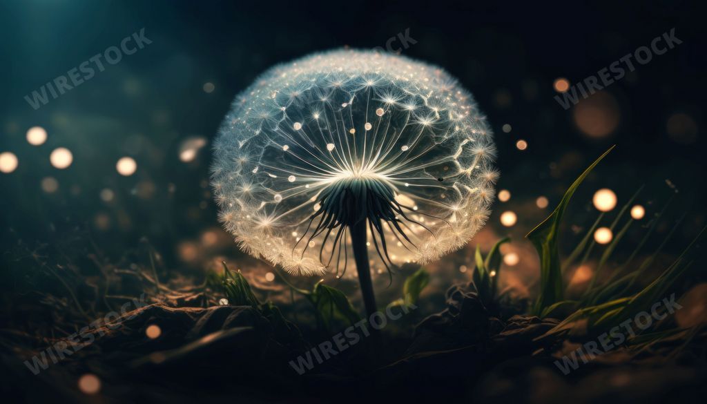 An AI generated illustration of a magical dandelion puff shimmering in the darkness