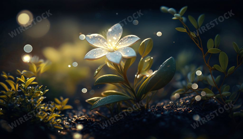An AI generated illustration of a magical white Jasmine flower shimmering in the darkness