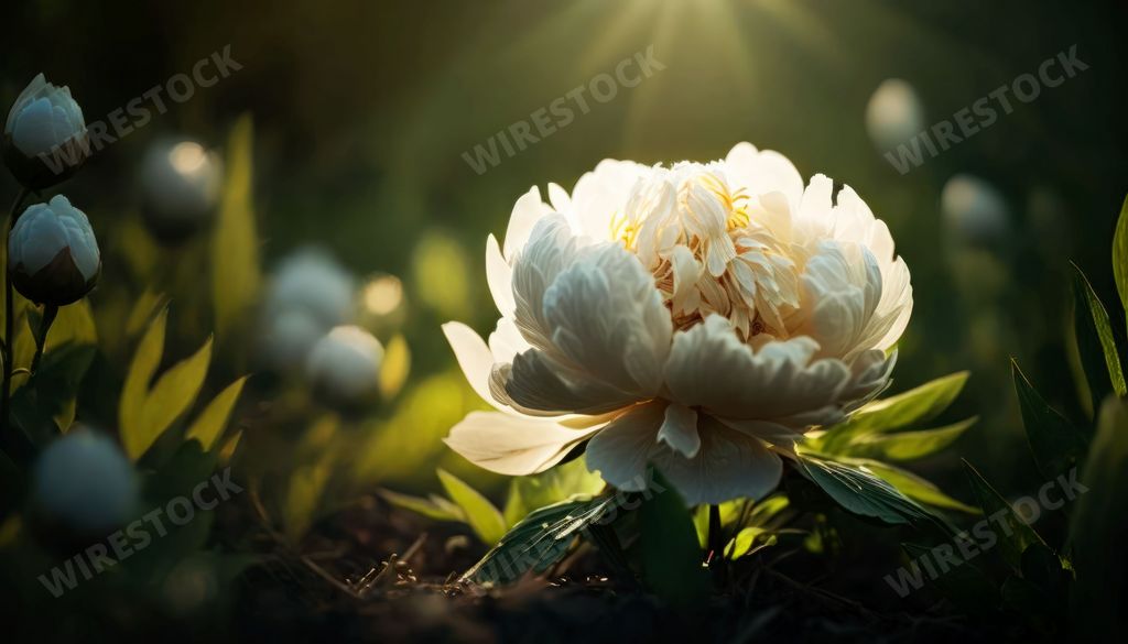 An AI generated illustration of a delicate white peony blooming in a sunny lush green grassy field