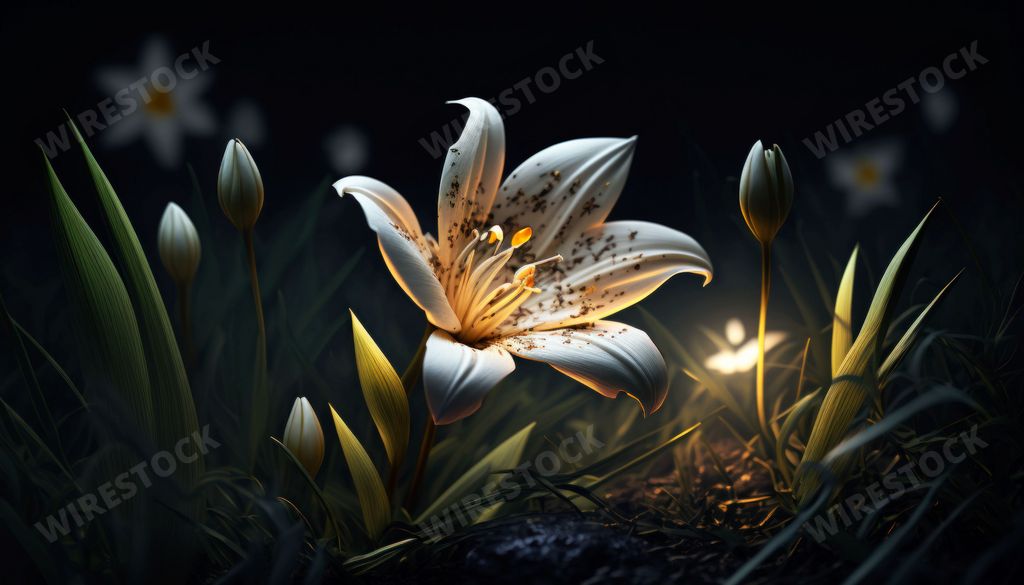 An AI generated illustration of a magical whiet Lily flower shimmering in the darkness