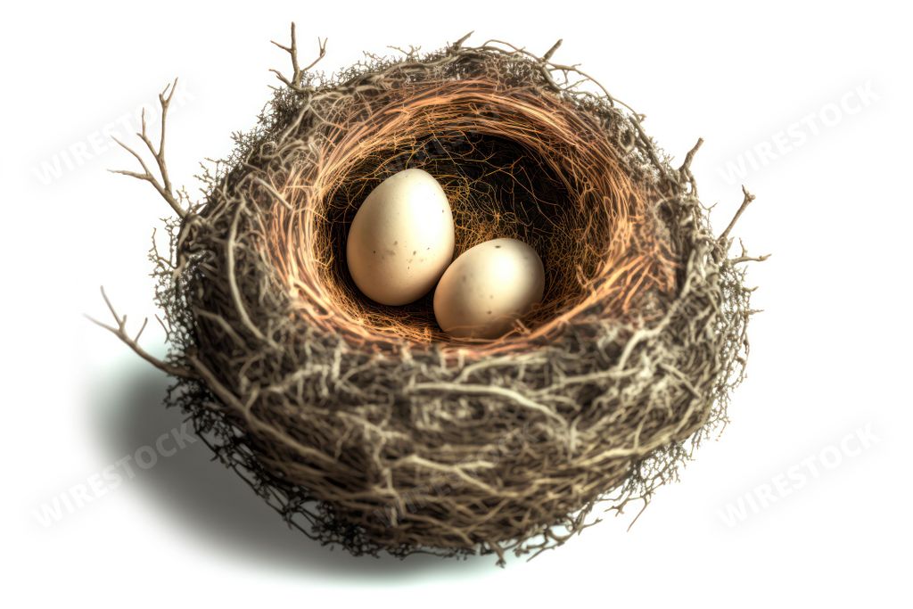 A close-up image of two small, light blue speckled eggs nestled in a rustic, twig-woven bird's nest