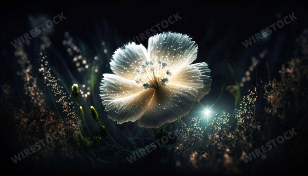 An AI generated illustration of a cosmic Hibiscus flower with water illuminated in the dark