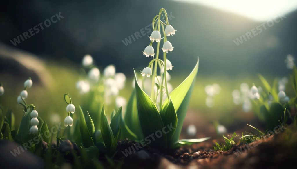 An AI generated illustration of delicate Lily of the valley flowers blooming in sunny lush green field