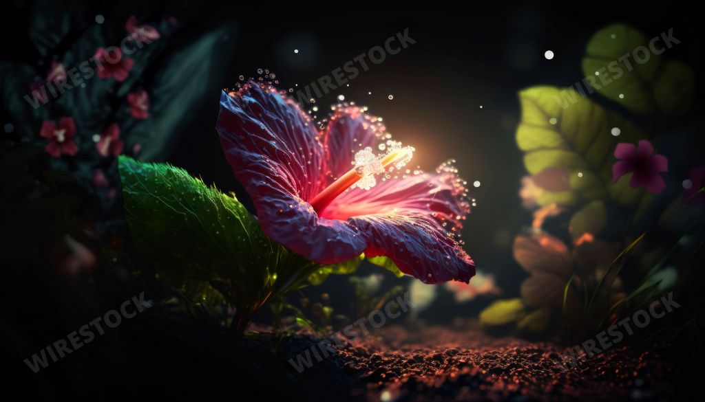 An AI generated illustration of a magical red Hibiscus flower shimmering in the darkness