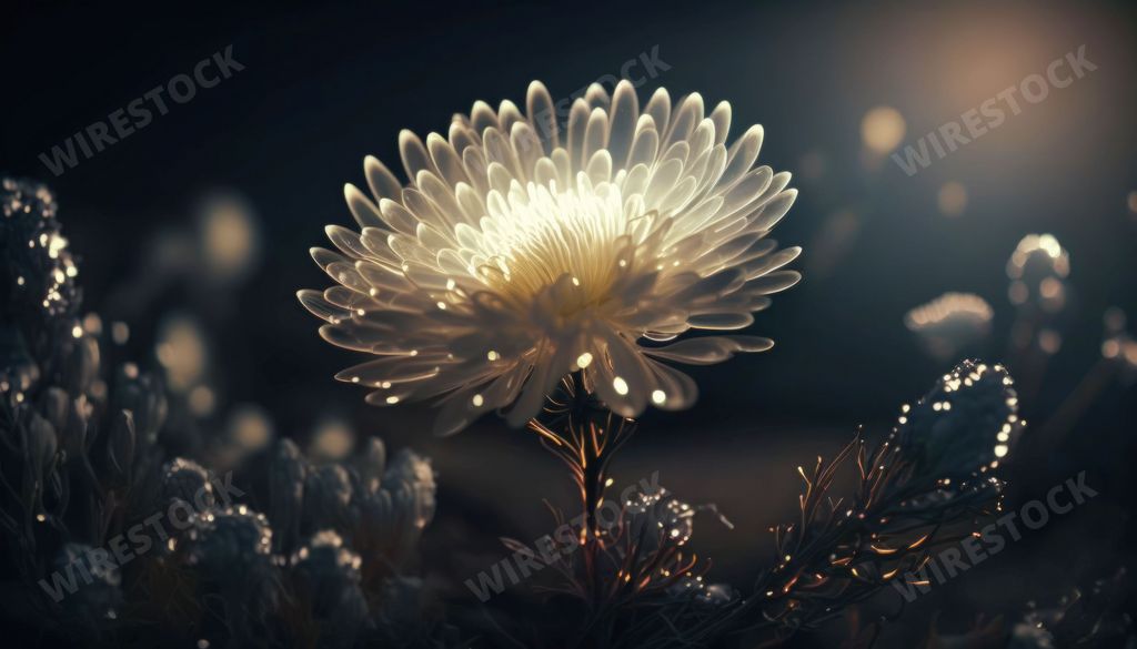An AI generated illustration of a cosmic White Chrysanthemum with waterdrops illuminated in the dark