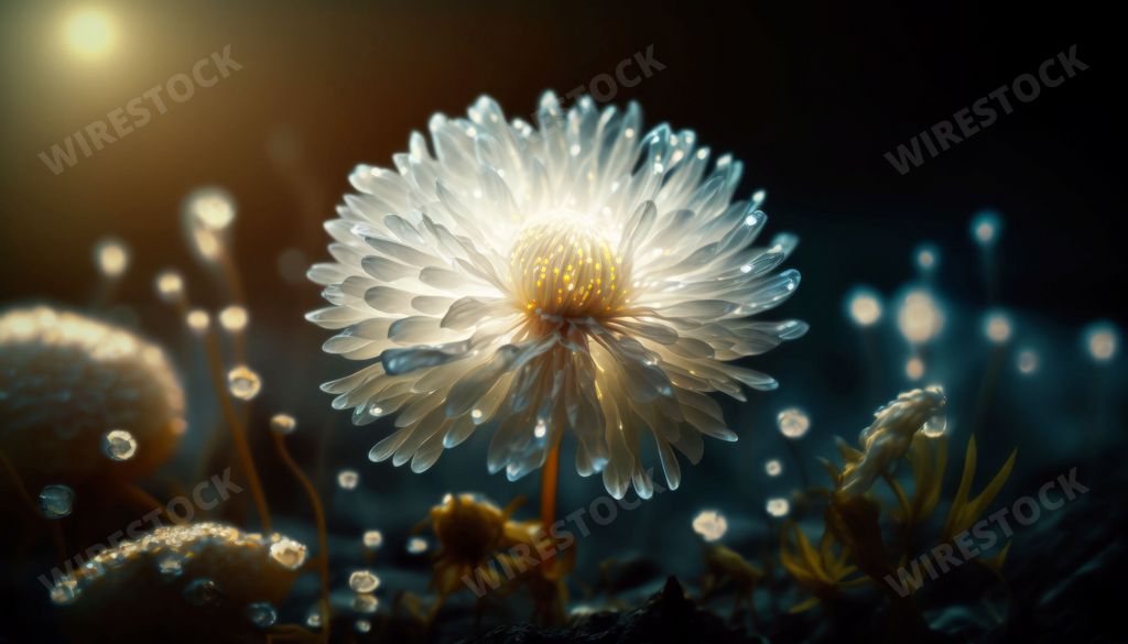 An AI generated illustration of a magical white Chrysanthemum flower shimmering in the darkness