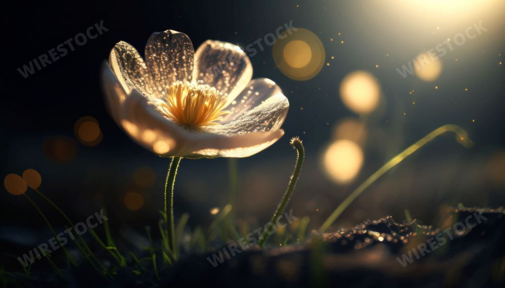 An AI generated illustration of a magical yellow Buttercup flower shimmering in the darkness