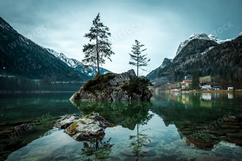 A landscape view of the Lake Hintersee in Berchtesgaden National Park, Germany