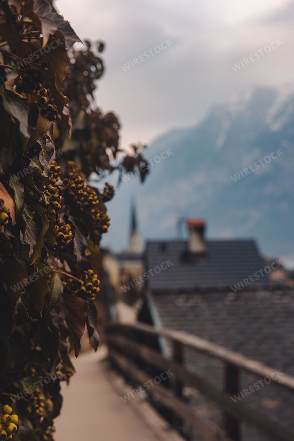 Wooden traditional chalets roofs in Hallstatt street in Austria with Austria alps on the horizon