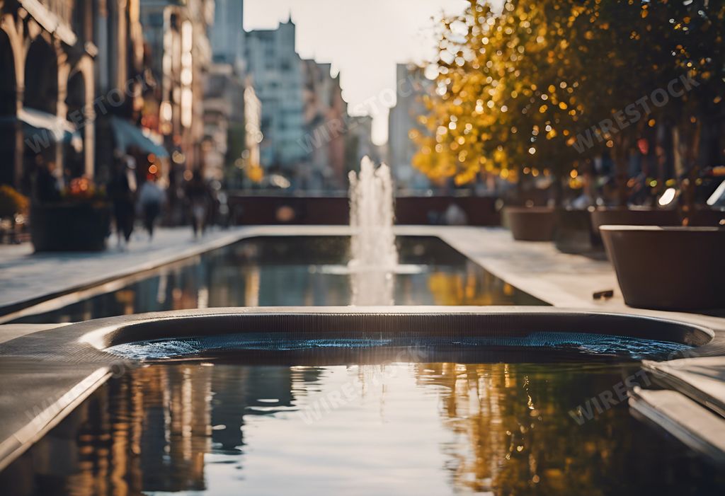 An AI generated illustration of A cityscape featuring an urban fountain amidst towering buildings