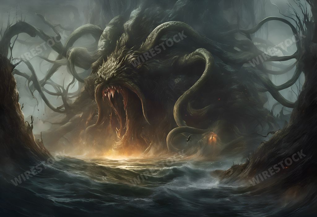 An AI generated illustration of A massive extraterrestrial creature with multiple tentacles emerging from a flowing river