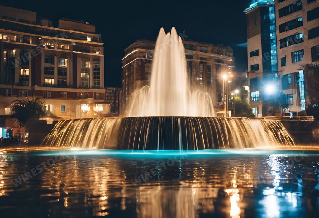 An AI-generated illustration of a beautiful fountain with the nighttime city skyline in the background