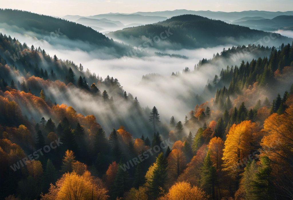An AI generated illustration of A scenic vista of misty mountains and evergreen trees in a peaceful, natural setting