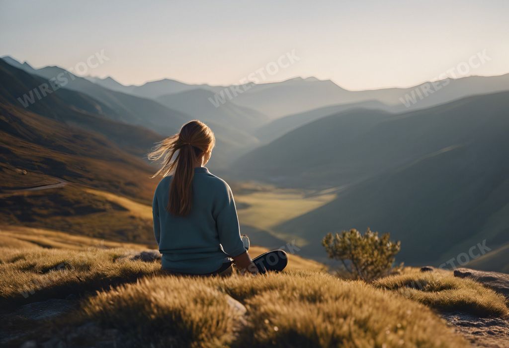 An AI generated illustration of A female figure is in a contemplative pose atop a rocky mountain peak