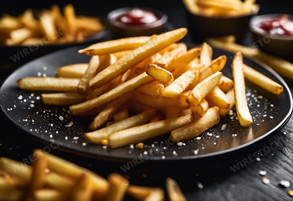 An AI generated illustration of A plate of golden french fries topped with red ketchup and white mayonnaise on a black background