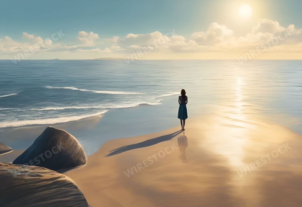 An AI generated illustration of A woman standing on a beach, facing away from the camera
