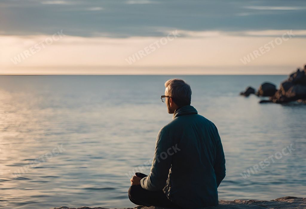 An AI generated illustration of A person sits at cliff's edge by water