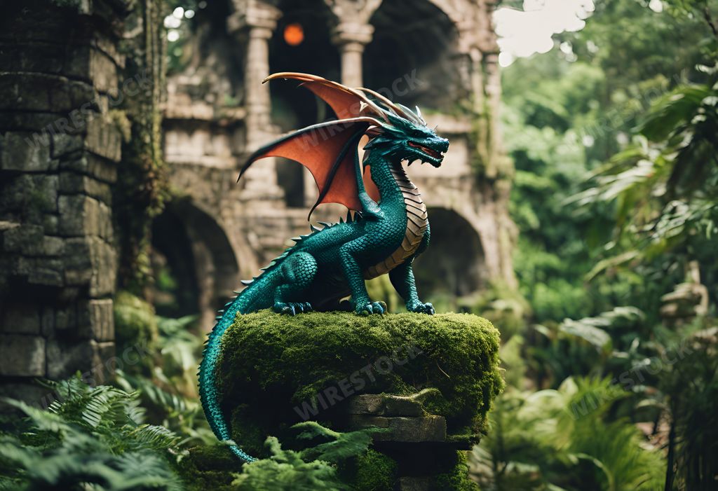 An AI generated illustration of A close-up image of a majestic stone dragon statue perched atop a moss-covered wall in front of an ancient castle