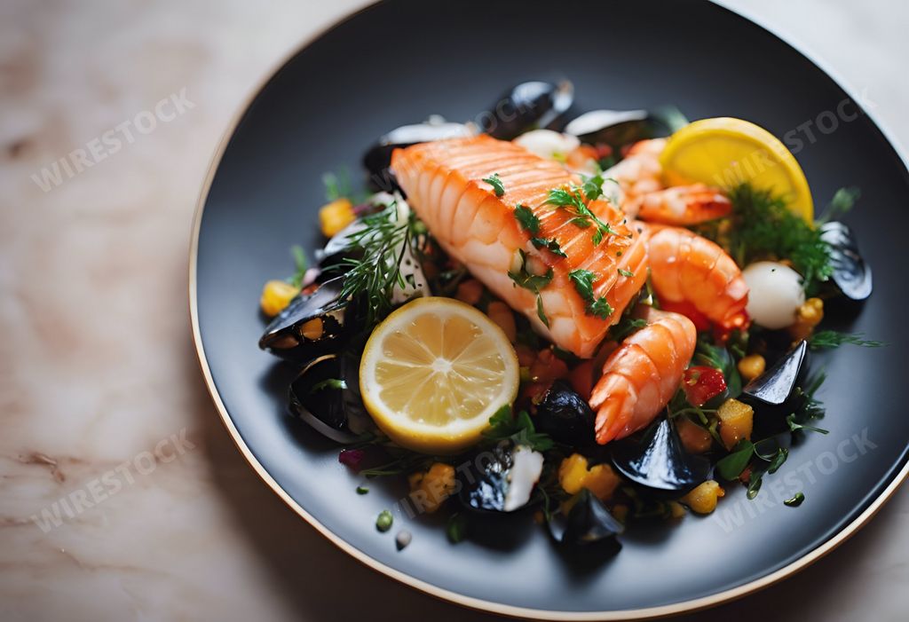 An AI generated illustration of Blue plate filled with assorted seafood and lemon wedges