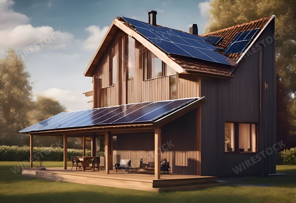 An AI generated illustration of An AI generated illustration of Eco-friendly home with rooftop solar panels and a screened porch