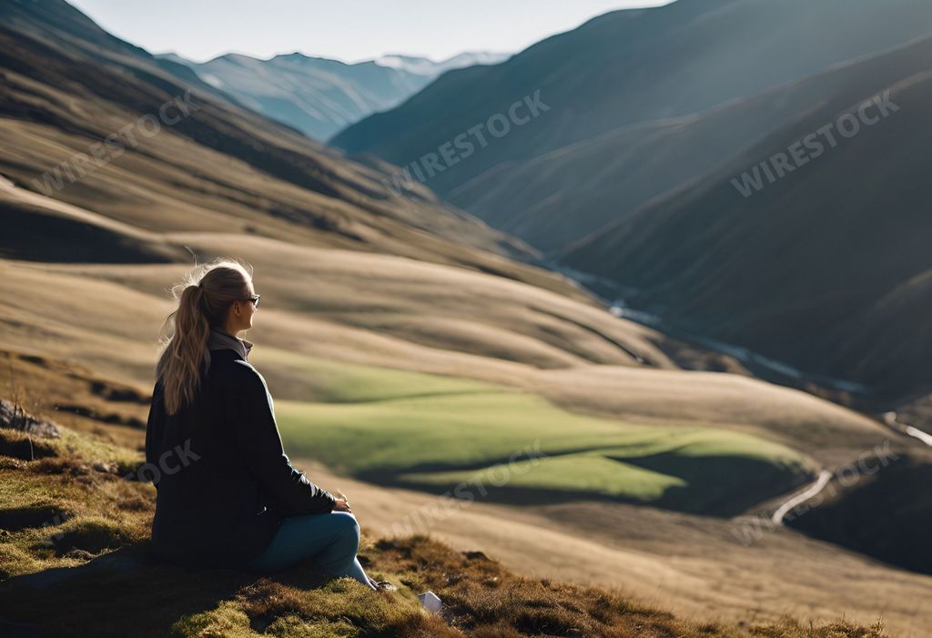 An AI generated illustration of A young woman sits atop a grassy hill, facing the rolling hills and distant mountains