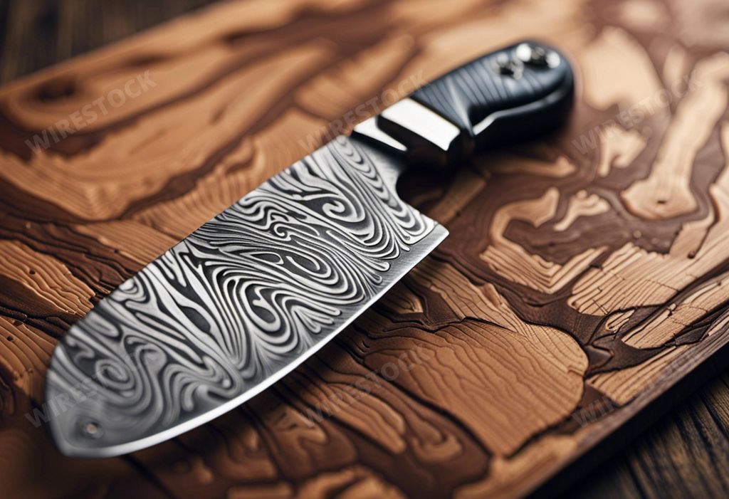 An AI generated illustration of a digital artwork style image featuring an intricately designed Damascus steel blade knife on a wooden cutting board