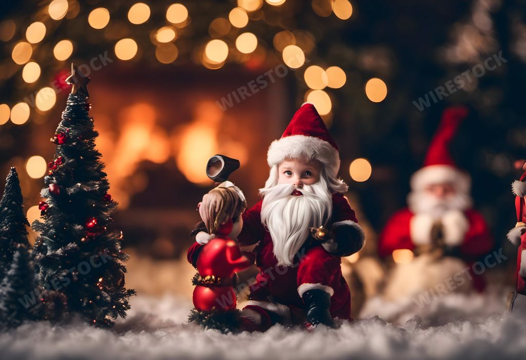 An AI generated illustration of a small Santa Claus figurine stands in the foreground of a festive Christmas tree adorned with holiday decorations