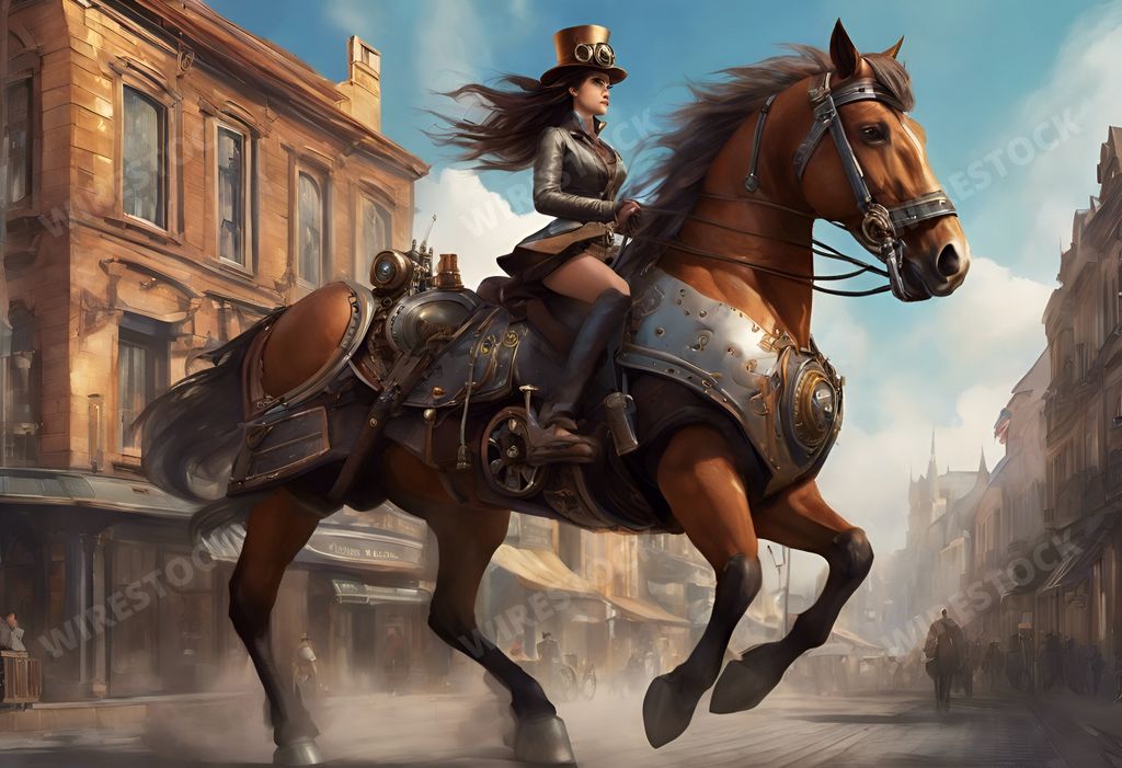 An AI generated illustration of A woman riding a horse in a city street