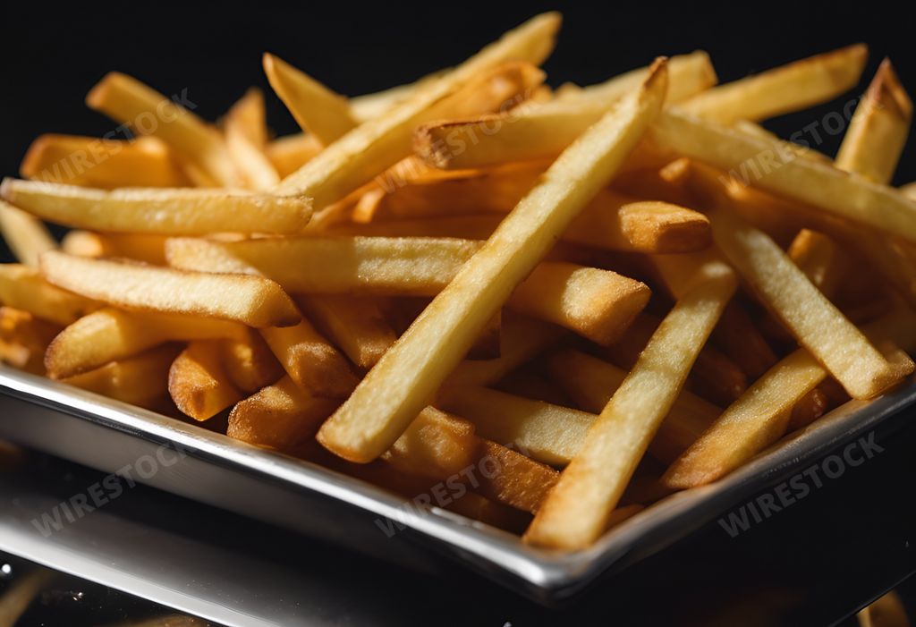 An AI generated illustration of A close-up shot of a plate of golden-brown French fries with the word "chips" written in white across the top