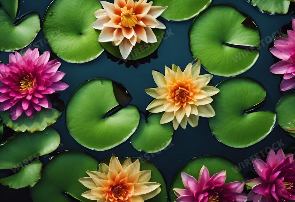 An AI generated illustration of lily flowers and leaves floating on water