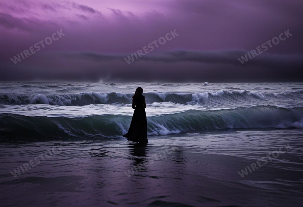 A woman standing on a beach near the water, staring into the distance over the waves, AI-generated.