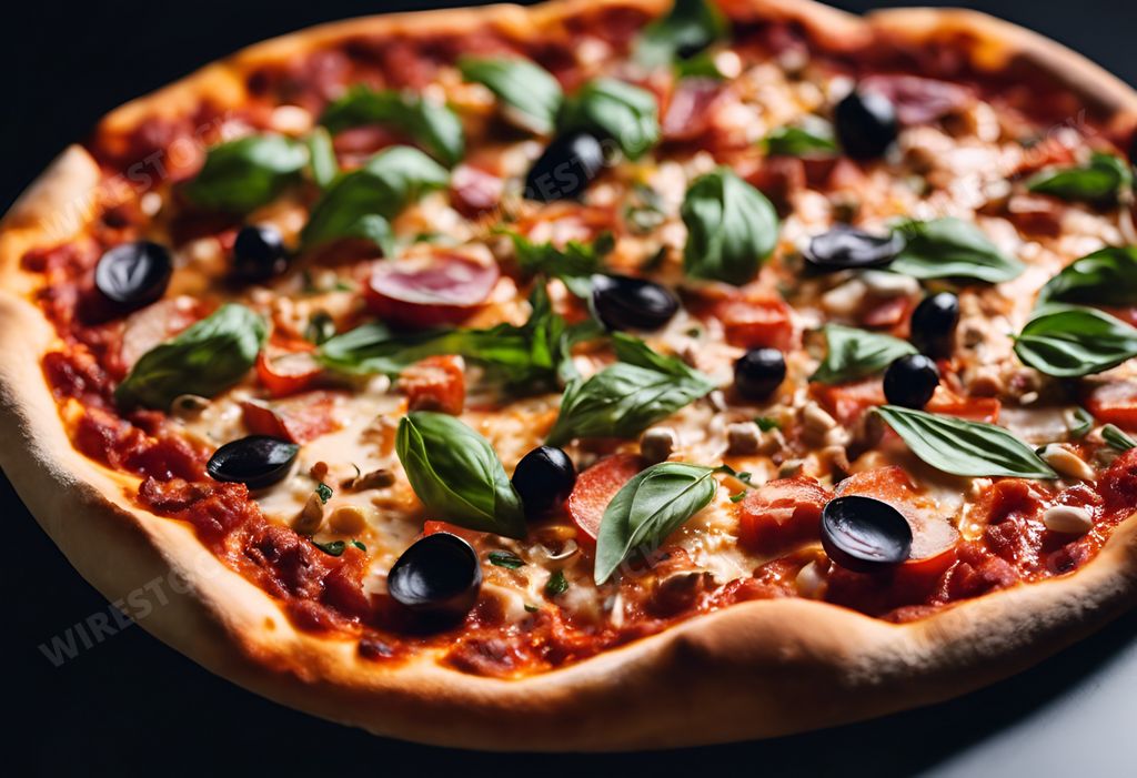 An AI generated illustration of An image of a freshly cooked pizza with slices of pepperoni and pieces of meat sprinkled on top