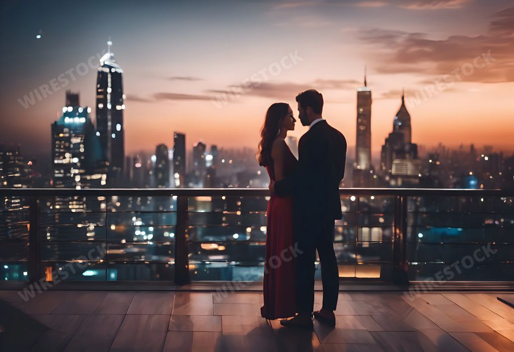 An AI generated illustration of Couple standing before urban skyline at night; Image by Sahil Gor