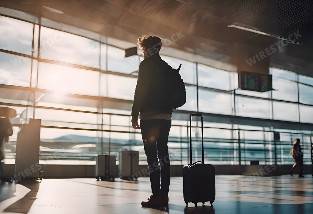 An AI generated illustration of Back view of a woman with luggage at an airport
