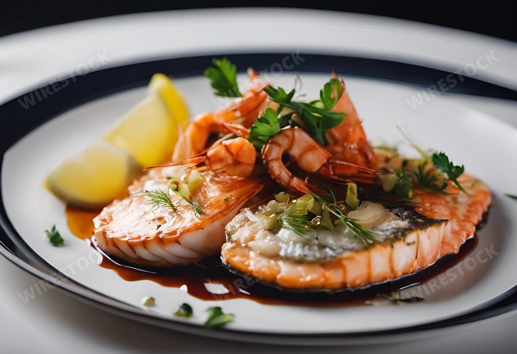 An AI generated illustration of Plate with lobster and assorted garnishes on a white background
