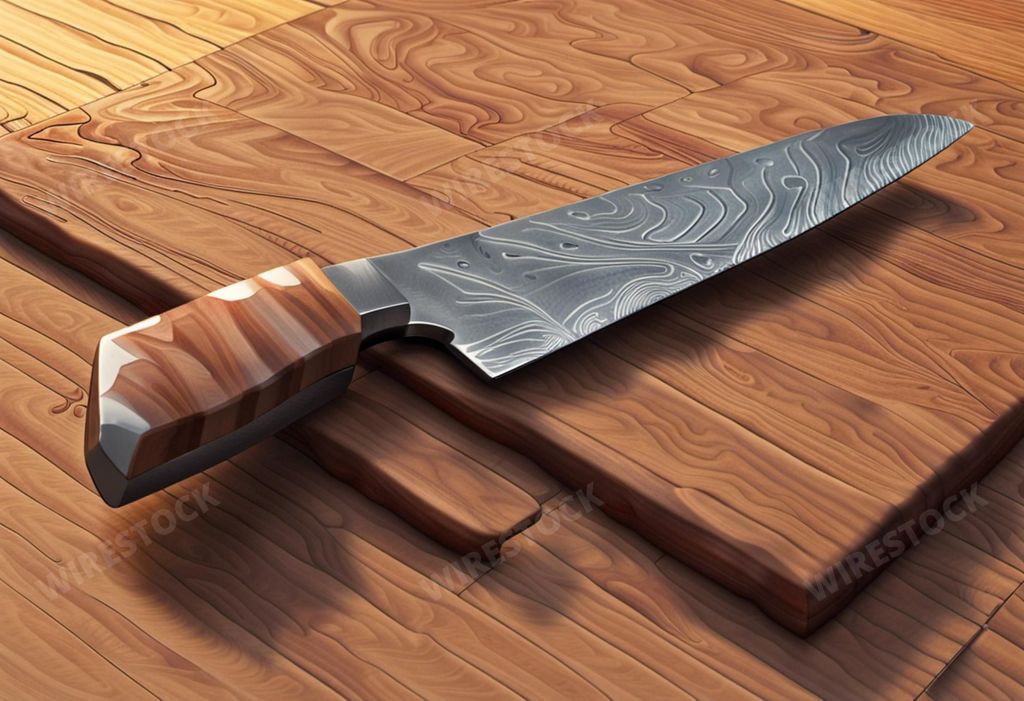 An AI generated illustration of a damascus steel knife with an intricately designed blade, placed on a wooden cutting board