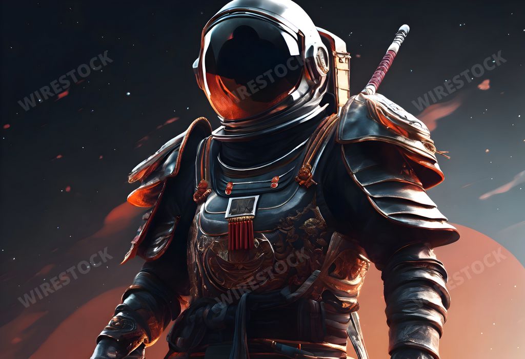 An AI generated illustration of An astronaut holding a weapon next to the sun