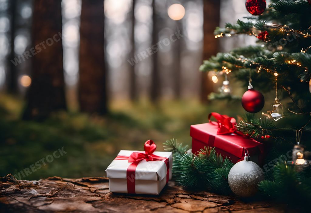 An AI generated illustration of a festive Christmas tree illuminated with lights and adorned with presents and colorful ornaments in a forest