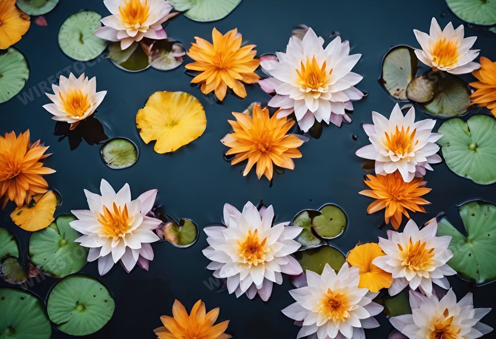 An AI generated illustration of Vibrant water lilies in assorted colors on a tranquil pond