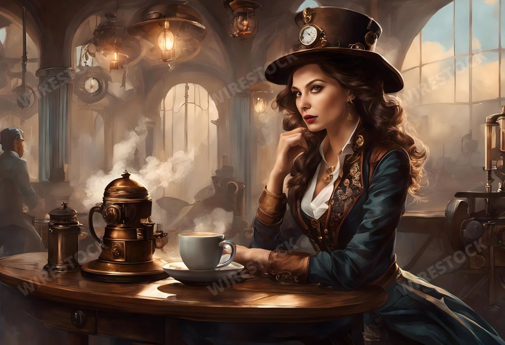 An AI generated illustration of a woman in a steampunk style outfit with a cup of coffee