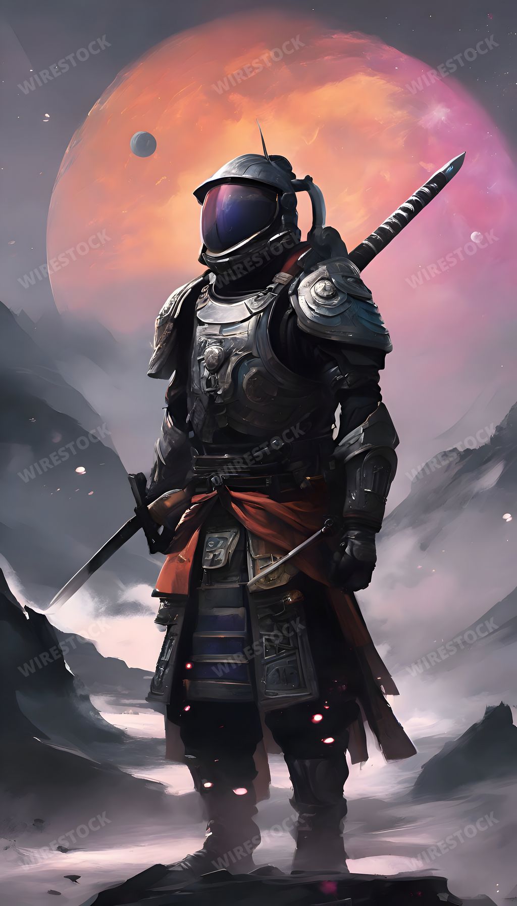 An AI generated illustration of Warrior in armor with sword gazing into the distance
