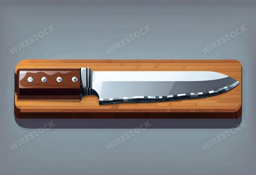 An AI generated illustration of a damascus steel knife with an intricately designed blade, placed on a wooden cutting board