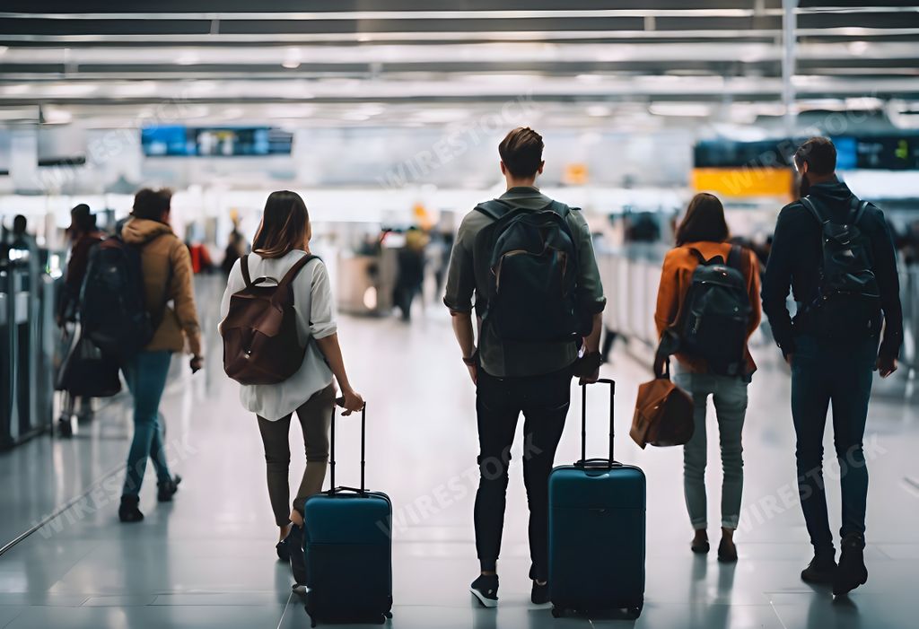 An AI generated illustration of Group of people walking through airport terminal with luggage