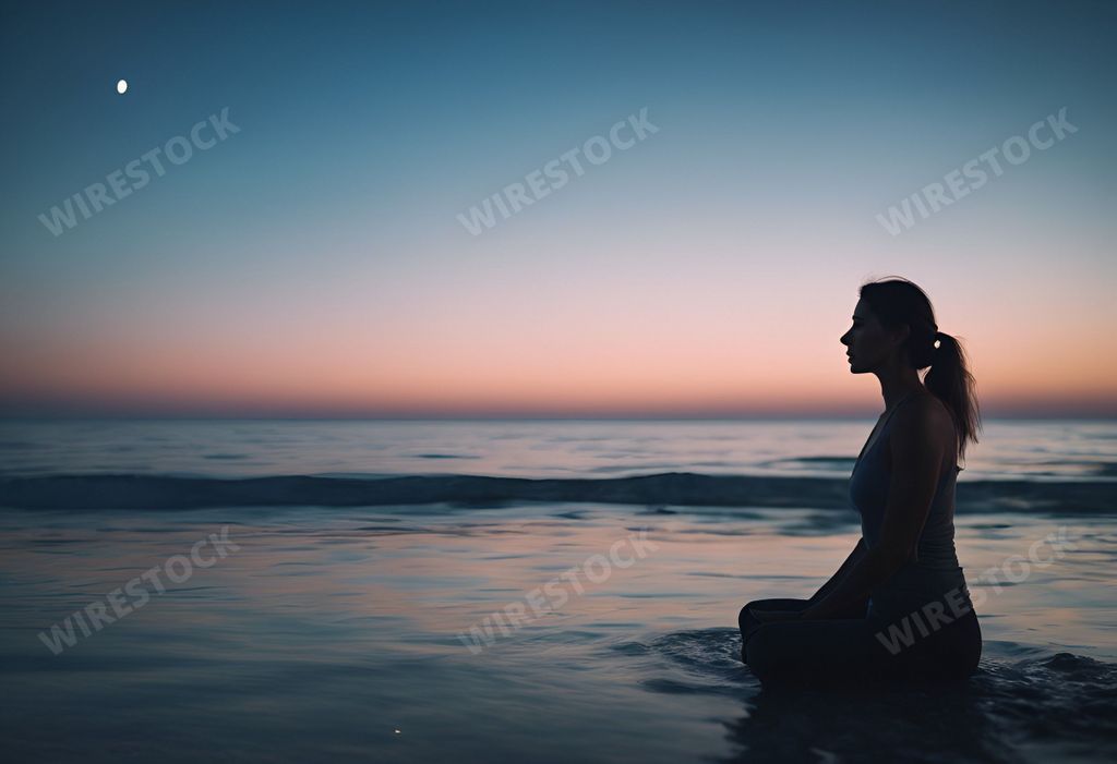 An AI generated illustration of Woman in swimsuit relaxing on beach at night
