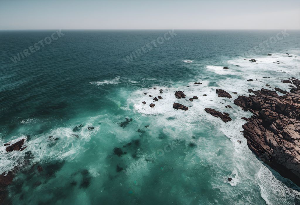 An AI generated illustration of Aerial view of crashing waves against rocky outcrop in the ocean