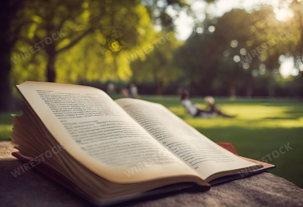 An AI generated illustration of An open book rests on a park bench among people
