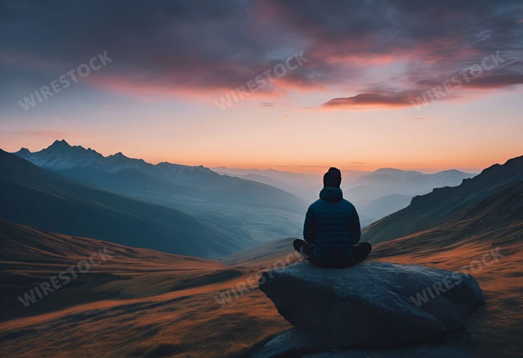 An AI generated illustration of A man sits atop a mountain at sunset, gazing at the valley below