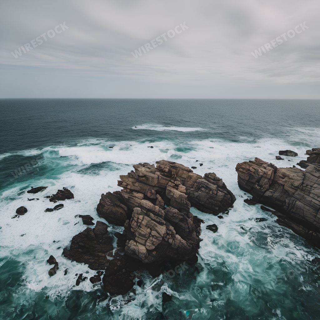 An AI generated illustration of A tranquil seascape featuring calm waves lapping against the shore at low tide